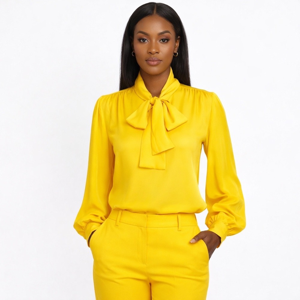 New York & Co 7th Ave Mustard Yellow‎ Bow Blouse S Modern Preppy Academia 55-14